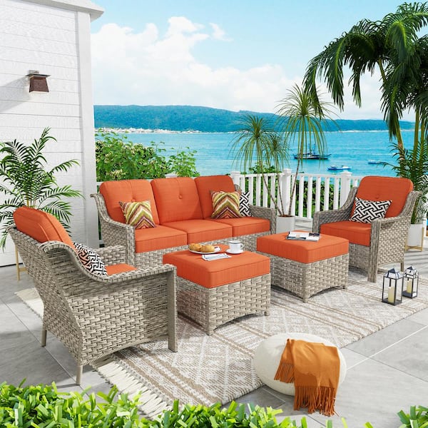 weaxty W Tulip F Gray 5-Piece Wicker Patio Outdoor Conversation Sofa Set with Ottoman and Orange Red Cushions