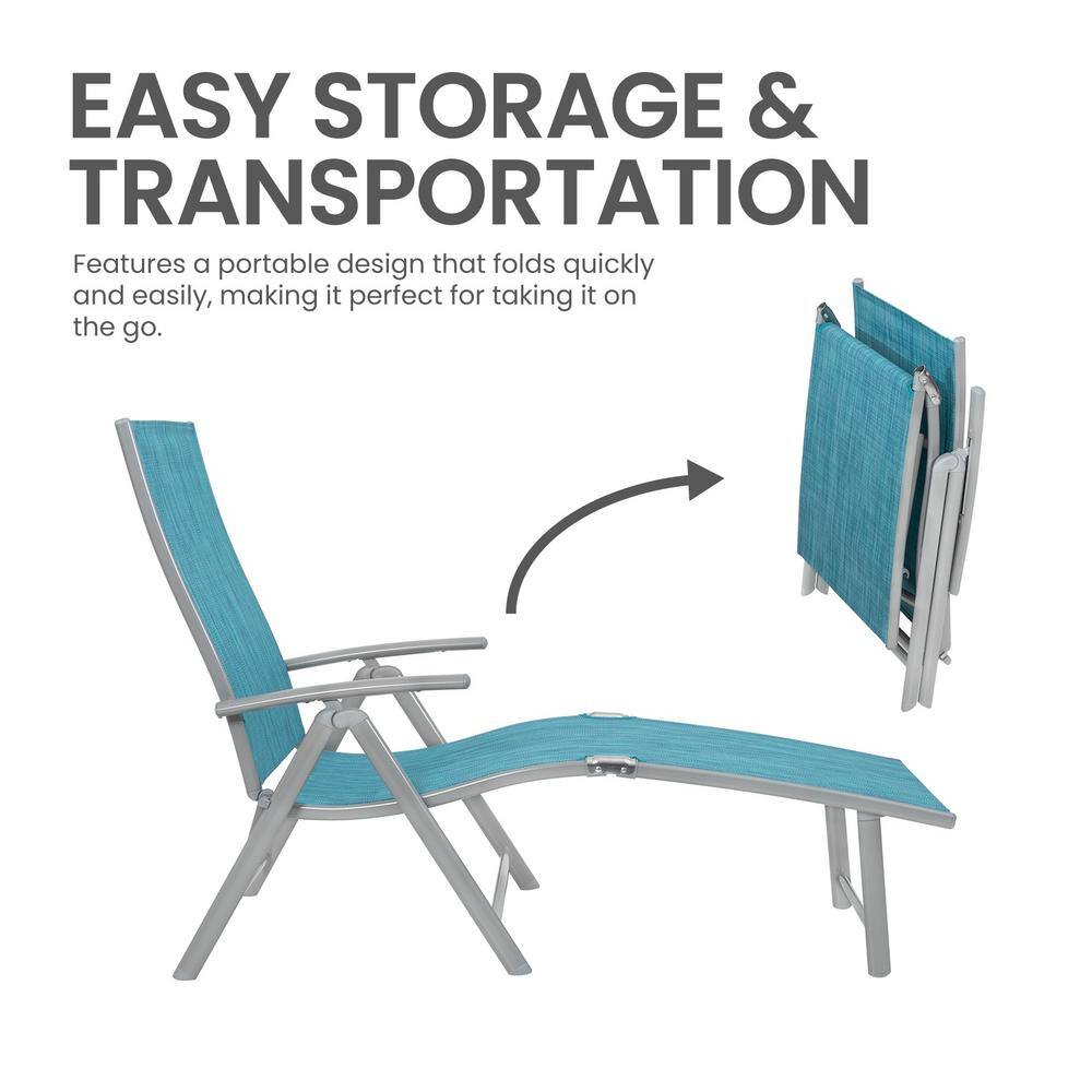 Blue Aluminum 2-Person Folding Chaise Lounge Set with Table