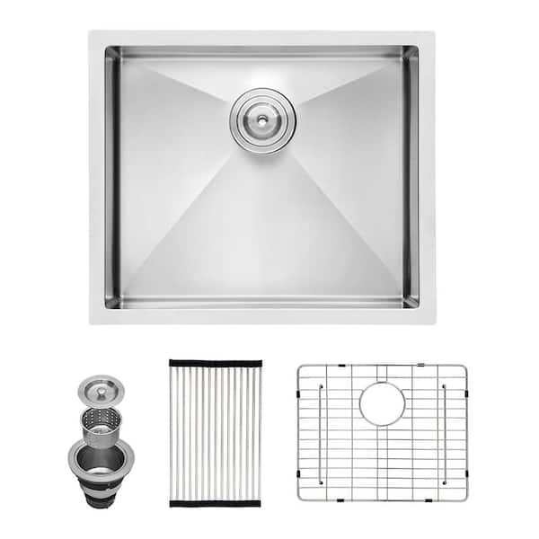Dueyeeri 23 in. Undermount Single Bowl 16-Gauge Brushed Nickel Stainless Steel Kitchen Sink with Bottom Grids