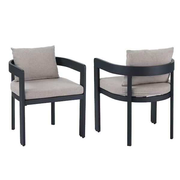 Outdoor and Indoor Aluminum Dining Chair/Lounge Chair with Teak Finish Frame and Dark Gray Cushions (2-Pack)