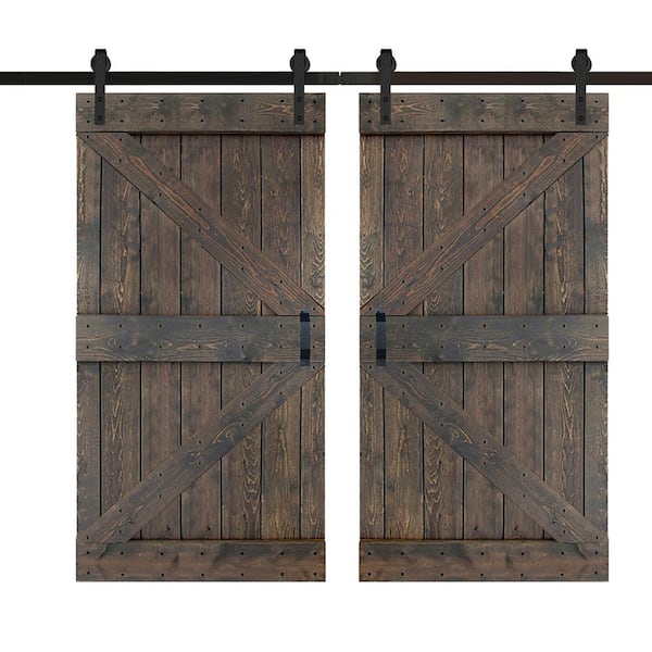 ISLIFE K Series 84 in. x 84 in. Smoky Gray Finished DIY Solid Wood Double Sliding Barn Door with Hardware Kit