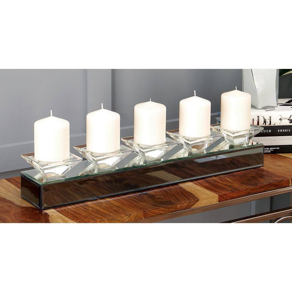 Silver Mirrored Glass 5-Holder Tabletop Candelabra