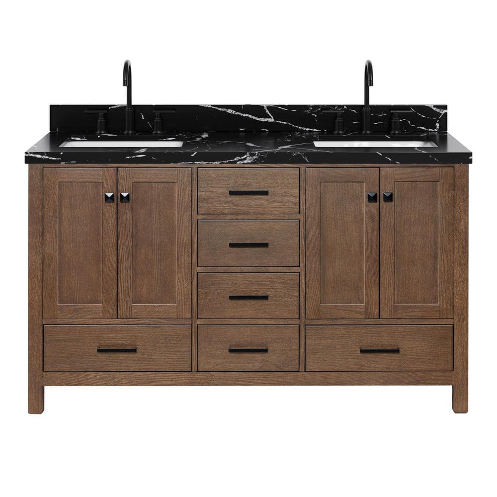 Cambridge 60 in. Double Sink Freestanding Bath Vanity in Brown Oak with Nero Marquina Black Quartz Top price history on PriceWatchPro