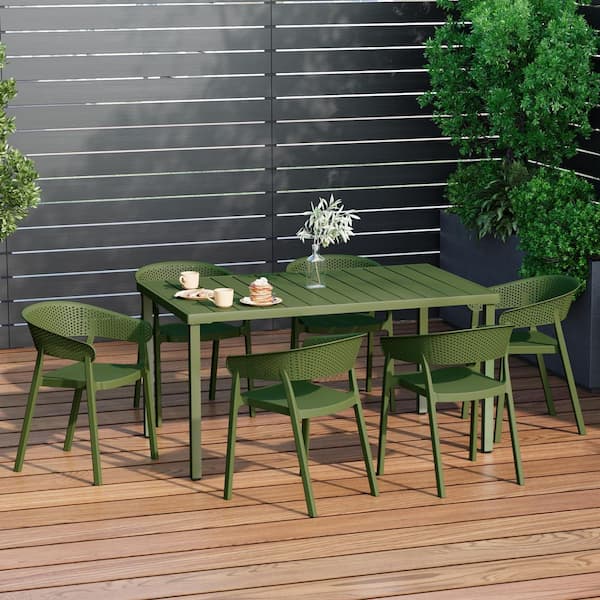 Frond, Form Outdoor Patio Modern 7-Piece Rectangular Steel Table, 6 Stackable HDPE Plastic Chairs Dining Set Olive Green