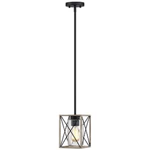 Brooklyn 1-Light Black and Distressed Faux Wood Rustic Farmhouse Mini Pendant Island Light with Seeded Glass Shade