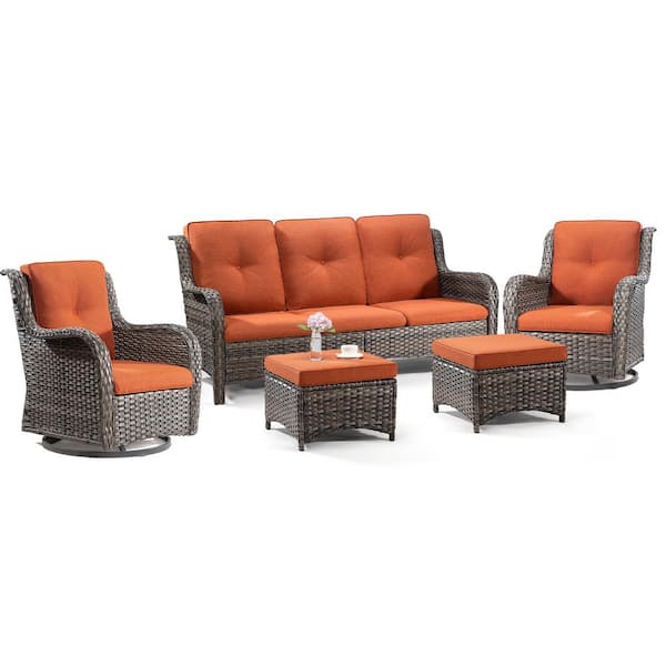 JOYSIDE 5-Piece Wicker Outdoor Patio Seating Set Sectional Sofa with Swivel Rocking Chair, Ottomans and Orange Cushions