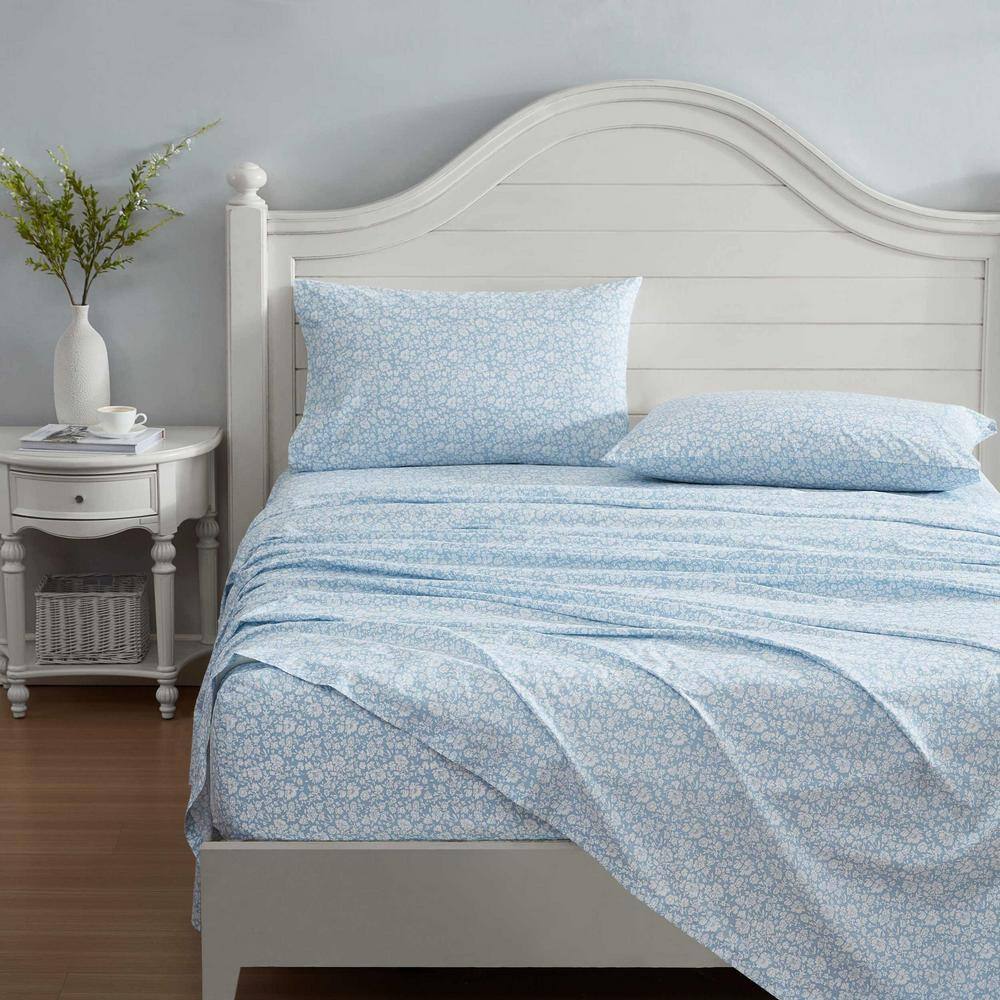 Blue Floral Cotton Percale Twin Sheet Set