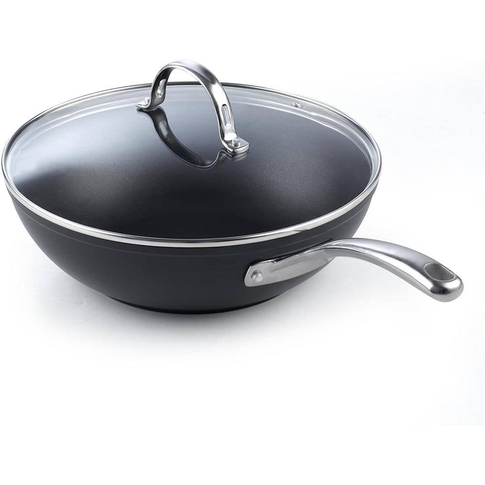 11 in. Black Hard Anodized Aluminum Nonstick Wok Stir Fry Pan