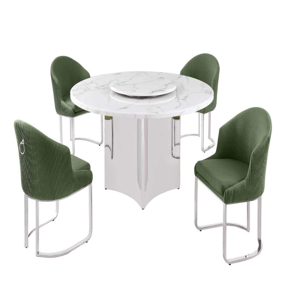 Fabi 5-Piece Round White Marble Top With Lazy Susan Stainless Steel Base Dining Set With 4 Green Chairs price history on PriceWatchPro
