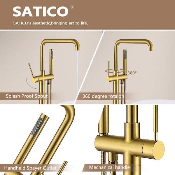 Floor Mounted Graceful Single-Handle Freestanding Bathtub Faucet with Hand Shower in Brushed Brass