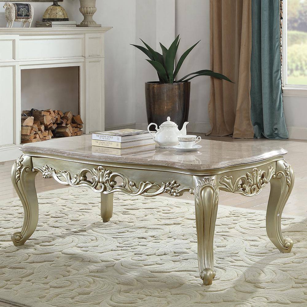 Gorsedd Rectangular Marble Top Antique White Coffee Table