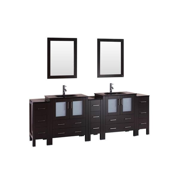 Bosconi 96 in. W Double Bath Vanity with Tempered Glass Vanity Top in Black with Black Basin and Mirror