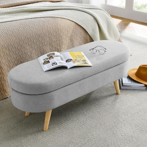 43.5 in. Linen Fabric Ottoman Oval Storage Bench with Rubber Wood Legs, Gray
