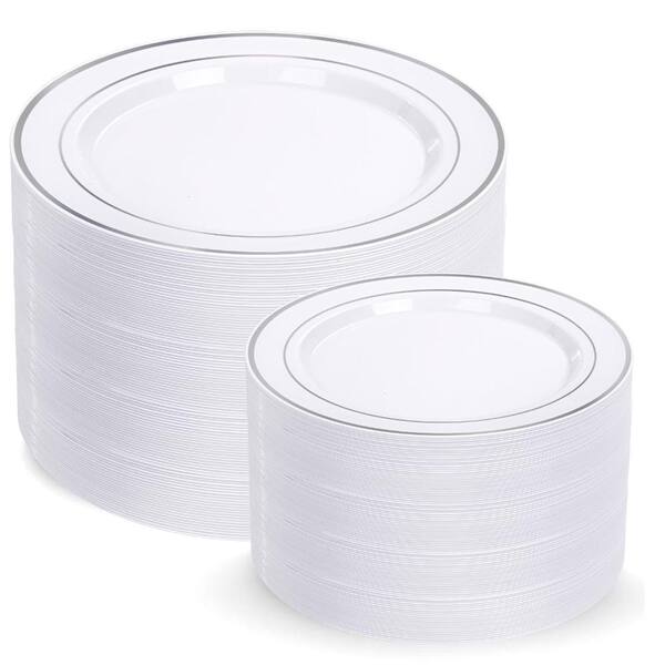Silver Rim Heavy Duty Disposable Plastic Party Plates with Dinner and Elegant Dessert Plates (Set of 200)