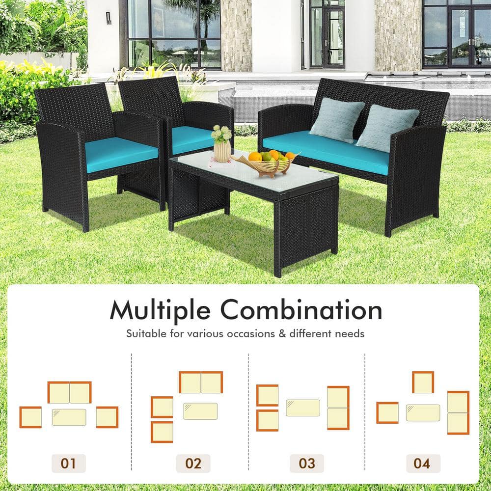 Turquoise Cushioned Black Wicker 4-Piece Patio Conversation Set