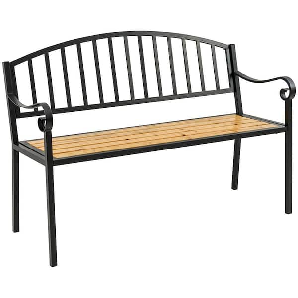 Otryad 2-Person Black Wood Outdoor Bench, Patio Loveseat with Antique Backrest, Black Wood Seat and Steel Frame