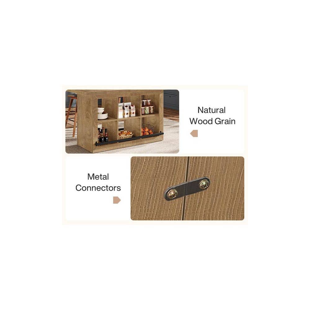 Detail of natural wood grain and metal connectors on kitchen island