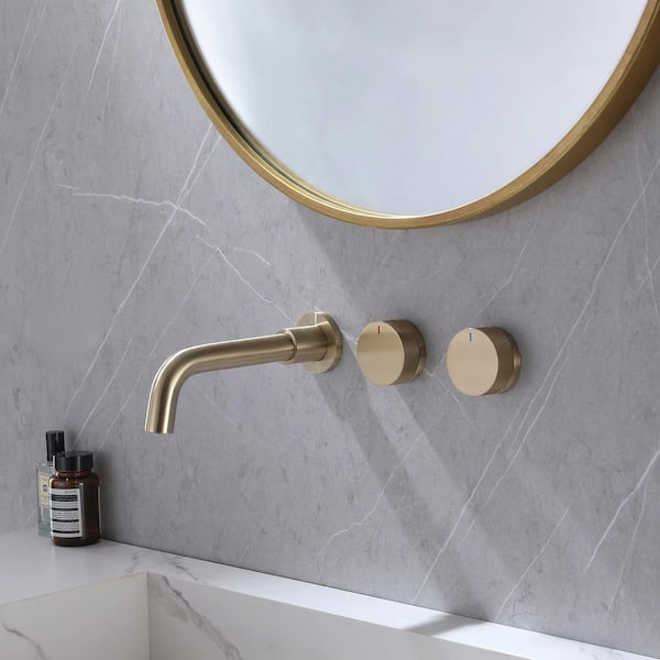 Wall Mount Bathroom Faucet with Double Handle, 3-Hole Design for Sink or Tub Brushed Gold Finish