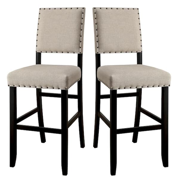 Benjara 48 in. H Sania II Rustic in Ivory Linen Cream Wooden Bar Chair (Set of 2)