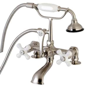 Aqua Vintage 3-Handle Deck-Mount Clawfoot Tub Faucets with Hand Shower in Brushed Nickel
