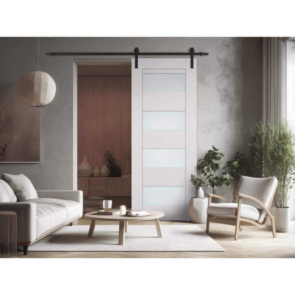 Bianco Noble White Frosted Glass Paneled Barn Door Kit