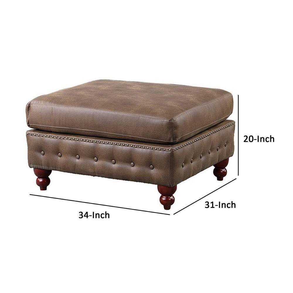 Simi 34 Inch Brown Faux Leather Tufted Ottoman with Nailhead Trim