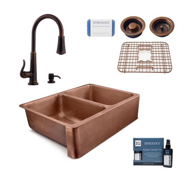 SINKOLOGY Copley All-in-One Copper Sink 32 in. Double Bowl Farmhouse Apron Kitchen Sink with Pfister Faucet and Strainer