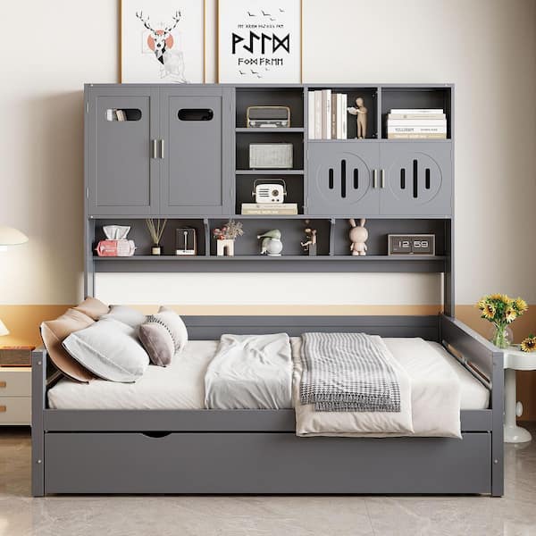 Multifunctional Full Size Gray Wood Daybed with Trundle, All-in-One Cabinet and Shelves