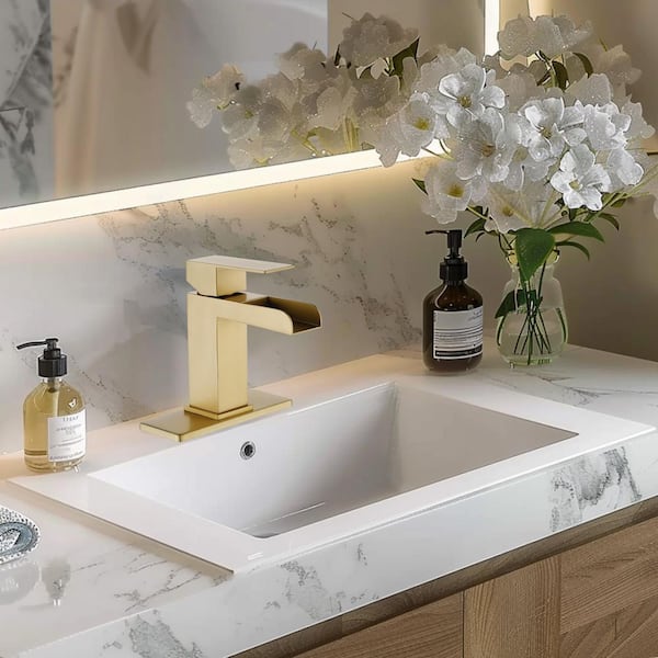 Arc Waterfall Single Handle Single Hole Bathroom Faucet with Drain Kit Included in Gold