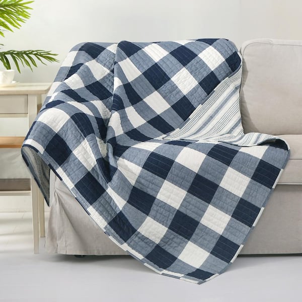 Camden Plaid Fabric in Natural & Navy