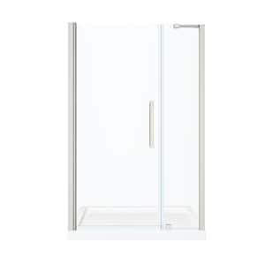 Pasadena 48 in. L x 34 in. W x 75 in. H Alcove Shower Kit w/ Pivot Frameless Shower Door in Satin Nickel and Shower Pan