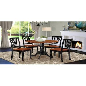 5-Piece Round Black and Cherry Finish Solid Wood Top Dining table with 4 Chairs with Lattice Back