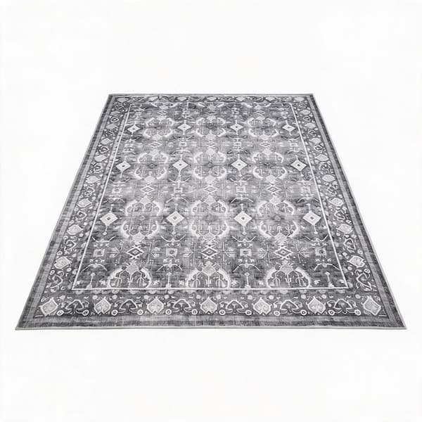 Grey 9 X 12 ft. Vintage Boho Washable Low Pile Area Rug, Non-Slip Stain Resistant Indoor Carpet, Living Room, Bedroom