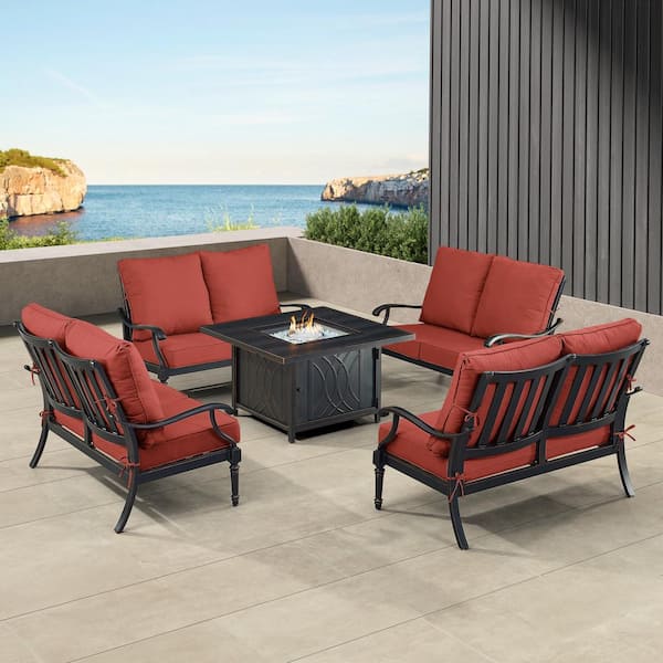 Oakland Living Black 5-Piece Aluminum Patio Fire Pit Set with Red Cushions