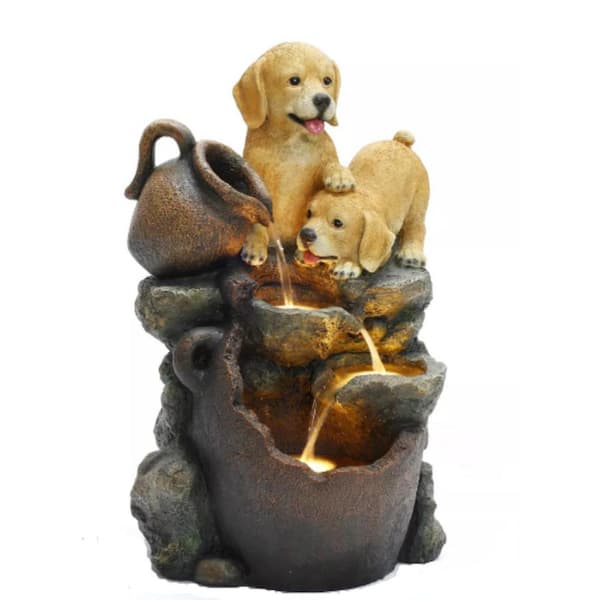 LuxenHome Puppy Friends Farmhouse Resin Outdoor Waterfall Fountain with Lights