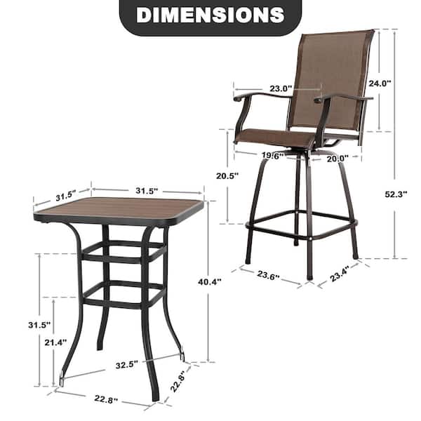 Black and Brown with Gold Speckles 3-Piece Textilene and Metal Square Outdoor Bar Set with Faux Wood Tabletop