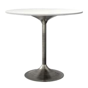Osborne 36 in. Wide Genuine Marble/Iron Pedestal Dining Table in White/Antique Siver