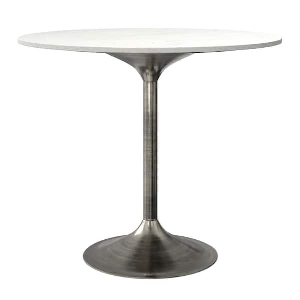 Osborne 36 in. Wide Genuine Marble/Iron Pedestal Dining Table in White/Antique Siver