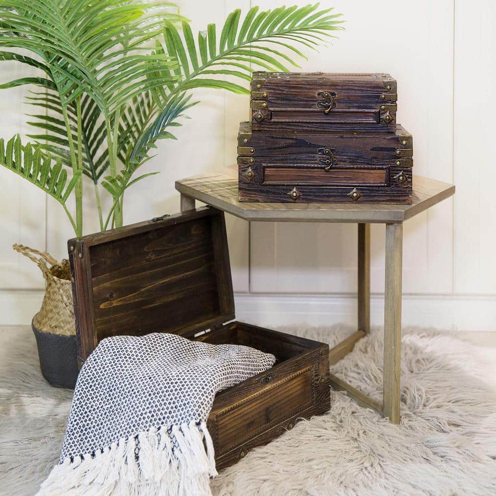 Vintage Dark Brown Wood Decorative Storage Box Set with Hinged Lids
