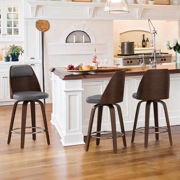 OrangeOne Edward 26 in. Gray Faux Leather Swivel Bar Stool Solid Wood Walnut Frame Counter Height Bar Stool (Set of 3)