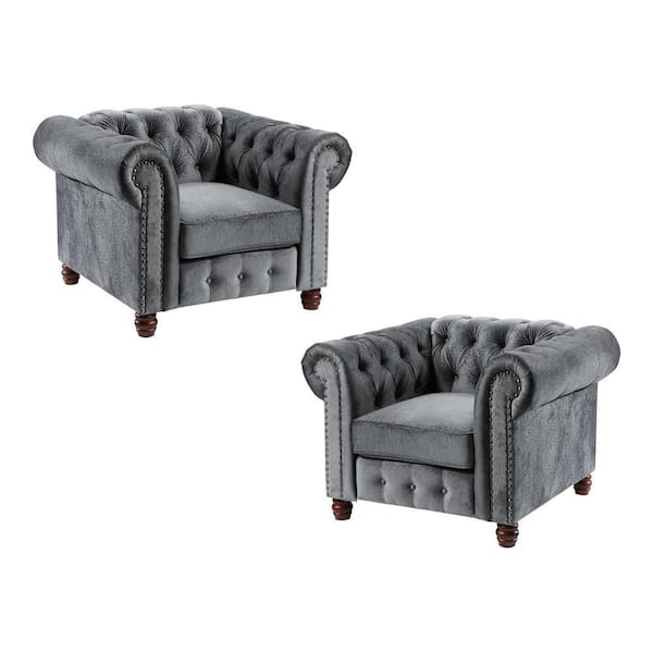 EVERGLADE HOME Clifton 42.5 in. W Square Arm Velvet Straight Chesterfield Rectangle Chair in Dark Gray (Set of 2)