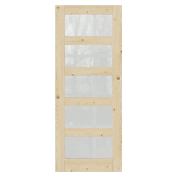 36 in. x 80 in. Unfinished Solid Core Pine Wood 5-Lite Tempered Frosted Glass Interior Door Slab