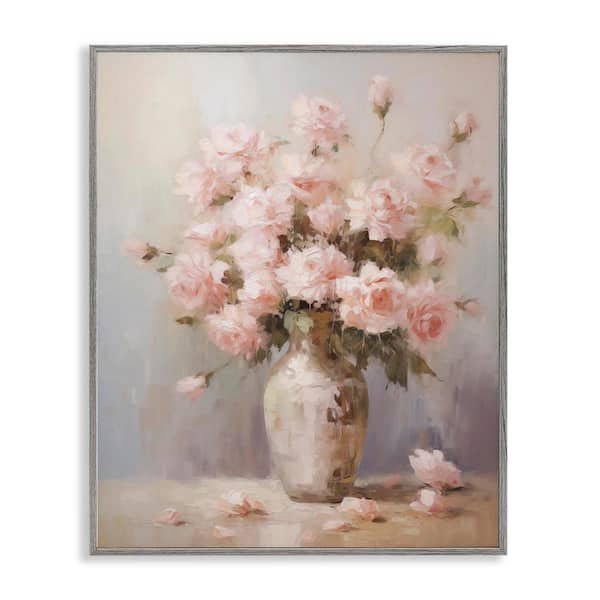 Dainty Pink Rose Vase by Arlington Prints Gray Framed Nature Giclee Art Print 14 in. x 11 in.