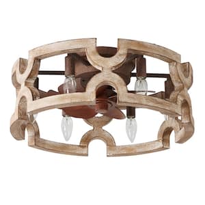 19 in. Bronze Oak Wood Flush Mount Ceiling Fan with Light and Remote Modern Farmhouse Cage Ceiling Light