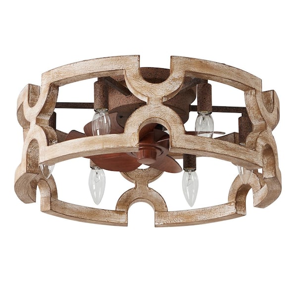 Genoxygic 19 in. Bronze Oak Wood Flush Mount Ceiling Fan with Light and Remote Modern Farmhouse Cage Ceiling Light