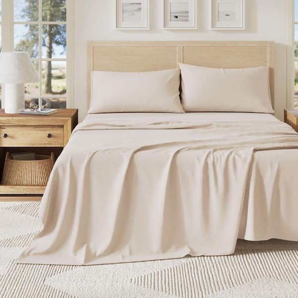 FRESHFOLDS 4-Piece Beige Solid Jersey Knit Cotton Queen Deep Pocket Sheet Set