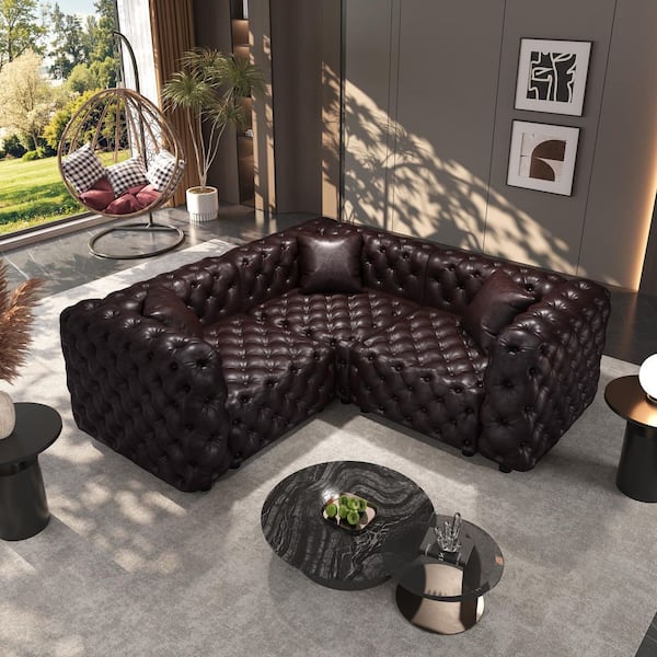 Modern Classic 75.1 in. 3-Piece Faux Leather Modular Button-Tufted L-Shaped Sectional Sofa with 3 Pillows in Dark Brown