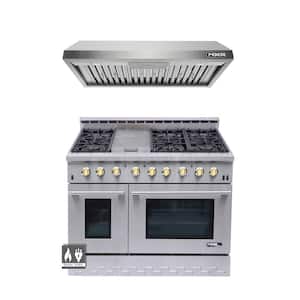Entree Bundle 48 in. 7.2 cu. ft. Pro-Style Duel Fuel Range Convection Oven and Range Hood in Stainless Steel and Gold