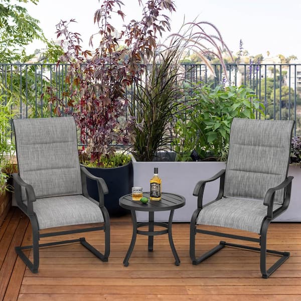 Light Gray and Black 3-Piece Textilene and Iron Metal Outdoor Bistro Set with C-Spring Motion