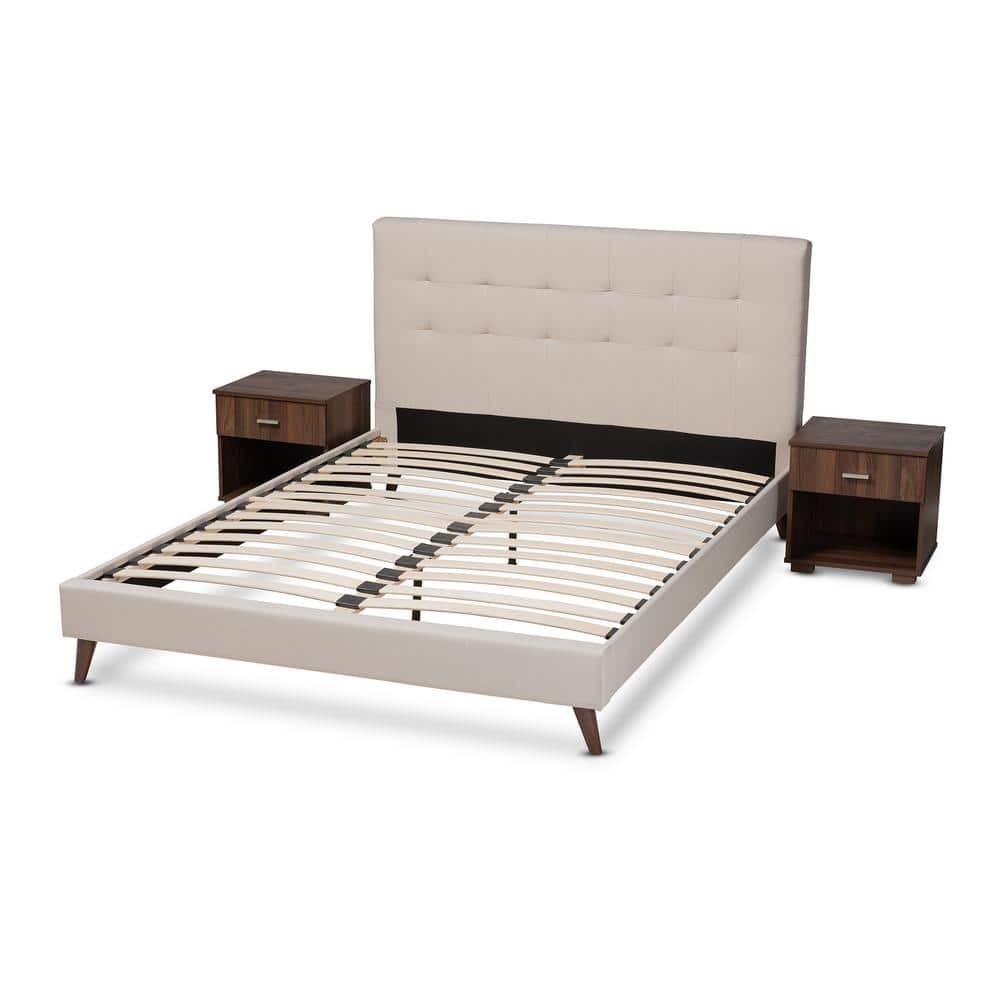 Maren Mid-Century Beige Fabric Queen Platform Bed with Nightstands